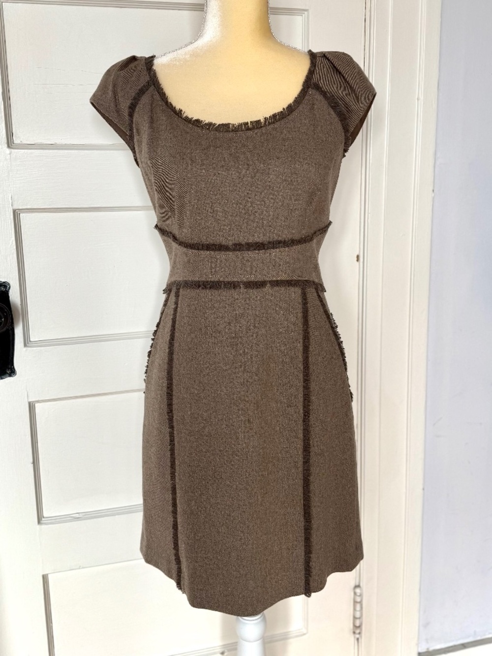 Rebecca Taylor Tweed Cap Sleeve Dress with Fringe Trim - Size 10